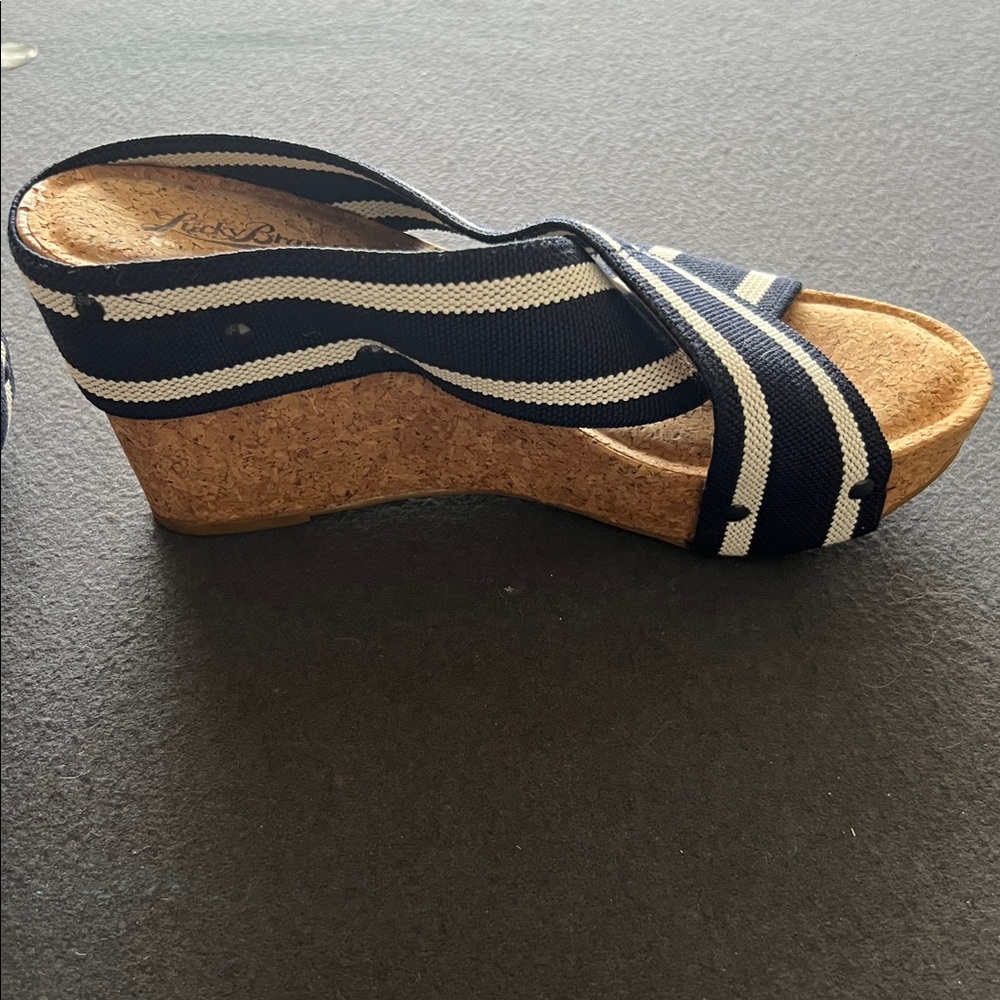 Lucky Brand Blue & White Crisscross Cork Wedge Slides NEW size 9 medium #A-10 - Picture 6 of 6